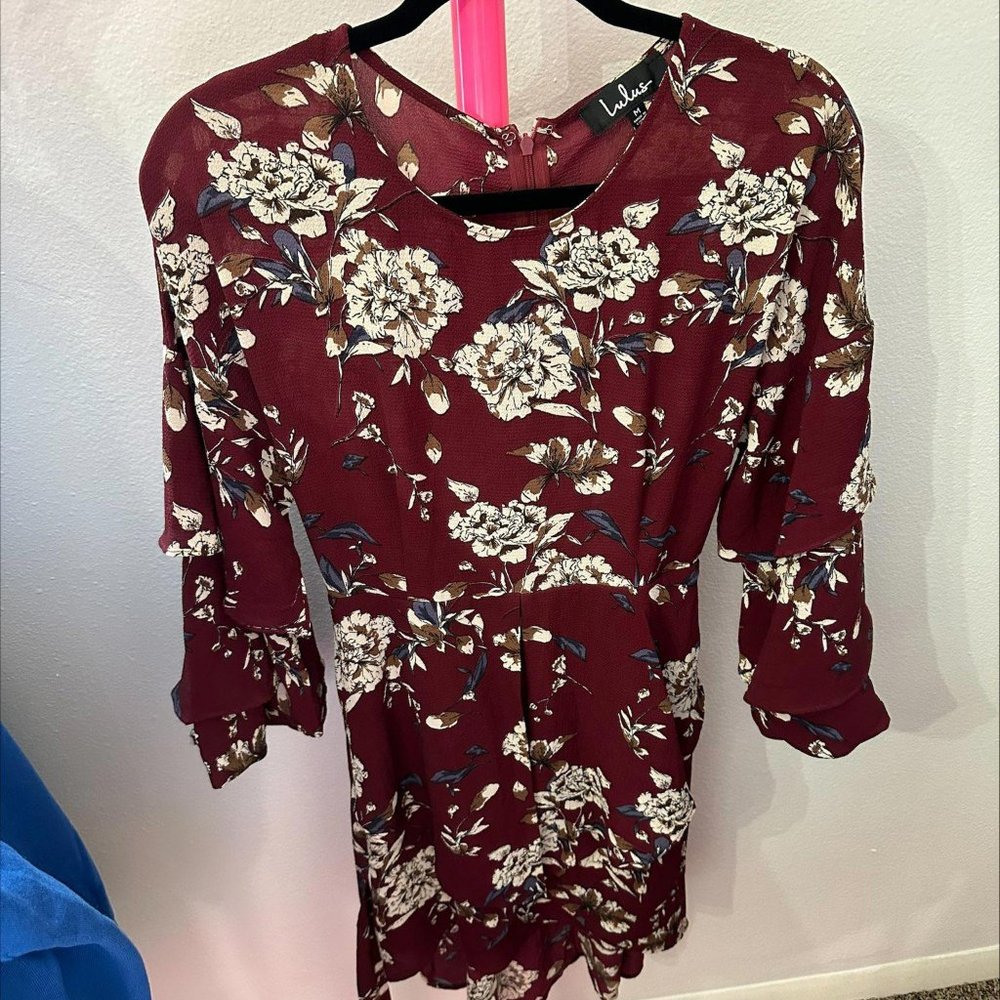 LULUS DASHING DAYS FLORAL PRINT TIERED FLOUNCE SLEEVE MINI DRESS- SIZE M